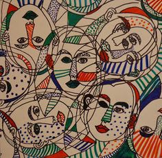 a painting with many different faces and lines on it's face, all in various colors