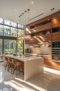 a large kitchen with wooden cabinets and marble counter tops, along with an island in the middle