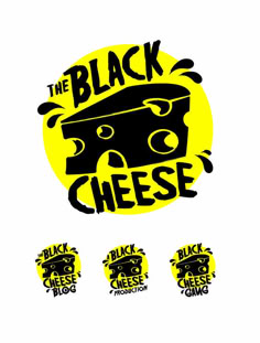 the black cheese logo is shown in three different colors and font options for each piece