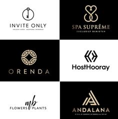 six different logos for spas and salons on black and white background with gold accents