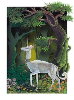 an illustration of a white unicorn standing in the middle of a forest with trees and flowers