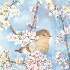 a painting of a bird on a branch with flowers