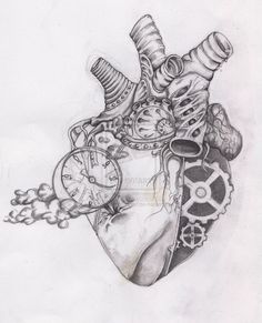 a pencil drawing of a heart with clocks