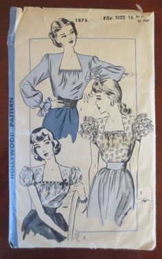 VINTAGE 40'S HOLLYWOOD PATTERN FOR BLOUSE COMPLETE SIZE 16 BUST 34 HIP 37 1940s Blouse, Cheap Womens Fashion, Retro Sewing Patterns, Fashion 1940s, Vintage Dress Patterns, Retro Mode, Womens Sewing Patterns