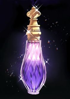 a purple glass bottle with a gold top and diamond decoration on the top, in front of a black background