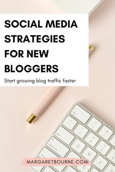 a keyboard, mouse and pen sitting on top of a pink desk with the words social media