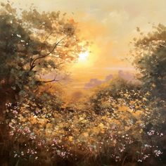 a painting of the sun setting over a field with wildflowers and trees in it