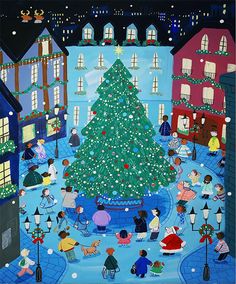 a painting of people around a christmas tree