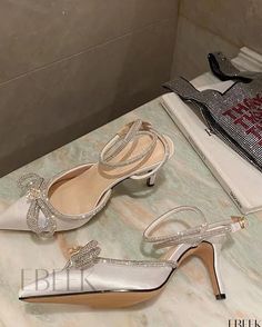 Ebeek - Exquisite Rhinestone-Embellished Stiletto Heels featuring a Chic Bow Tie Strap and a Transparent Pointed Toe Satin Wedding Shoes, Rhinestone Pumps, Rhinestone High Heels, Elegant High Heels, Ankle Strap High Heels, Pumps Heels Stilettos, Girly Shoes, Womens Wedding Shoes, Prom Shoes