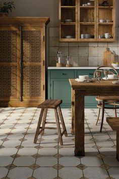 the kitchen is clean and ready to be used for cooking or dining, with two stools in front of the table