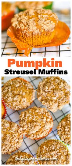 pumpkin streusel muffins on a cooling rack with the title above it