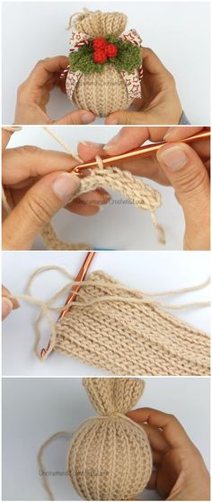 three pictures showing how to make a knitted christmas ornament