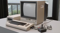 an old computer sitting on top of a white table next to a keyboard and mouse