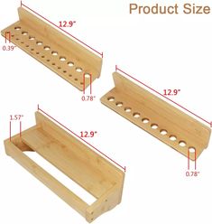 two wooden trays with holes on each side and measurements for each item in the same size