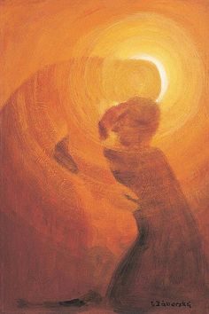 a painting of a person standing in front of the sun with their hands on his knees