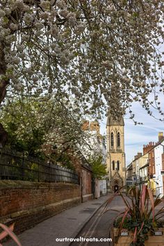 a narrow street with trees and buildings on both sides, in front of a church steeple