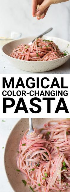 two photos with the words magic color - changing pasta in black and white text on them