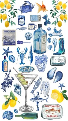 an image of various items that are in the shape of a bottle and glass with lemons on it