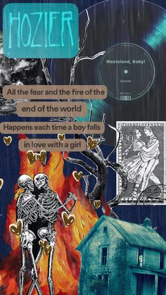 a collage of different pictures with the words hozier on them and an image of a skeleton holding a heart