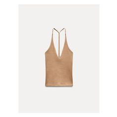 V-neck halter top. Open back with joined straps. Chic V-neck Top With Straps, Brown Stretch Halter Neck Tank Top, Beige Halter Neck Top, Chic Beige Halter Neck Tank Top, Triangle Top Tank Top With Straps For Spring, Chic Beige Tops With Tank Straps, Spring Triangle Top With Straps, Chic Triangle Halter Top, Chic Triangle Halter Top With Straps