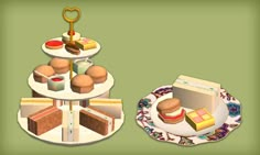 two tiered trays with cakes and pastries on them, one is empty