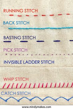 the different stitches used in this sewing project are labeled with each stitcher and their corresponding names