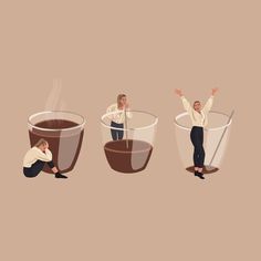 three people sitting on the ground in front of two cups of coffee, one with their hands up