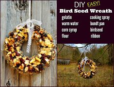 a wreath hanging on the side of a wooden fence next to an image of dried fruit