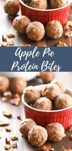 Apple pie protein bites in a small red bowl on a wooden board with a few bites surrounding the bowl. Apple Butter Protein Balls, Protein Balls Apple Cinnamon, Apple Pie Energy Bites, Caramel Apple Energy Bites, High Protein Apple Snacks, Apple Energy Balls, High Protein Fall Snacks, Apple Pie Protein Balls, Apple Recipes Protein