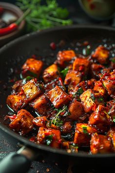 a pan filled with tofu and sauce on top of a table