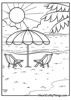 two beach chairs and an umbrella on the beach coloring page for kids to color in