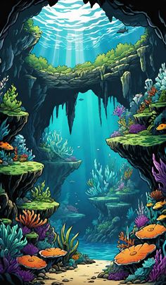 an underwater cave with corals and fish in the water, surrounded by algae plants