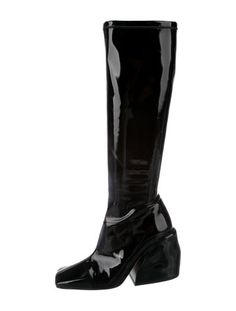 Tibi Patent Leather Knee-High BootsBlackSquare-ToesExposed Zip Closure at Sides Modern Black Platform Boots, Sleek Black Platform Boots With Square Toe, Sleek Black Square Toe Platform Boots, Black Sleek Patent Leather Platform Boots, Black Square Toe Platform Boots, Black Square Toe Platform Boots For Formal Occasions, Modern Black Platform Boots For Work, Modern Evening Platform Boots With Pointed Toe, Formal Black Square Toe Platform Boots