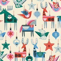 an image of christmas ornaments with deers and stars on them in pink, green, blue, red