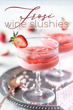 two wine slushies in glasses with strawberries on the rim and text overlay that reads zesty wine slushies