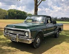 an old green pickup truck parked under a tree