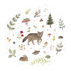 an animal surrounded by plants and mushrooms in the middle of a white background with stars