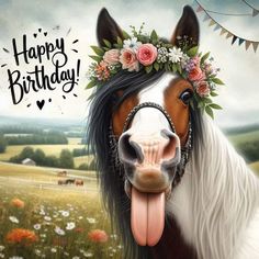 a happy birthday card with a horse wearing a flower crown on it's head