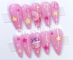 Cute Kirby Nails, Kirby Nails Short, Kirby Inspired Nails, Pink Pokemon Nails, Kirby Nail Design, Princess Bubblegum Nails, Kirby Nails Acrylic, Kawaii Acrylics, Fnaf Nail Art