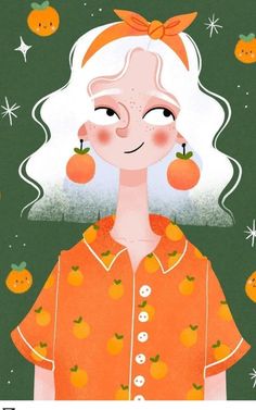 an illustration of a girl with oranges on her head