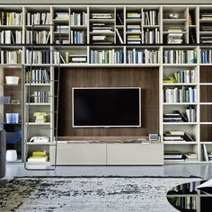 a living room with bookshelves and a television on the wall in front of it