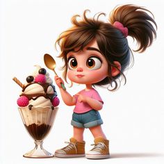 a cartoon character holding a spoon and looking at an ice cream sundae in front of her