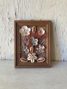 a wooden frame with seashells in it on a white wall next to a plant