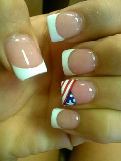 Suttle 4th of July nails!!! Love this idea of white tips and then an American flag on one finger! American Flag Nails, Flag Nails, Patriotic Nails, Fourth Of July Nails, 4th Of July Nails, July Nails, Cute Nail Designs, Love Nails, Holiday Nails