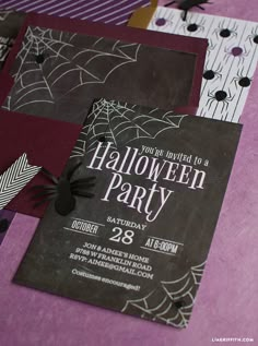 the halloween party is set up with purple and black paper