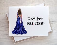 a note from miss texas with a drawing of a woman in a blue dress on it