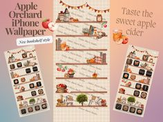 the apple orchard phone wallpaper is displayed in three different colors and sizes, along with two