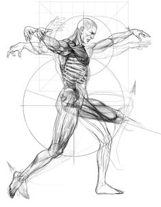 a black and white drawing of a man doing stretching exercises with his arms stretched out