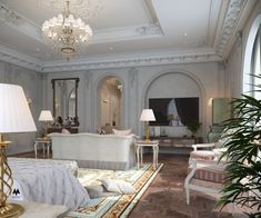 an elegant living room with white furniture and chandelier