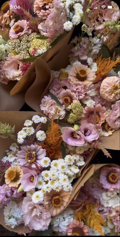 two pictures of different flowers in brown paper bags